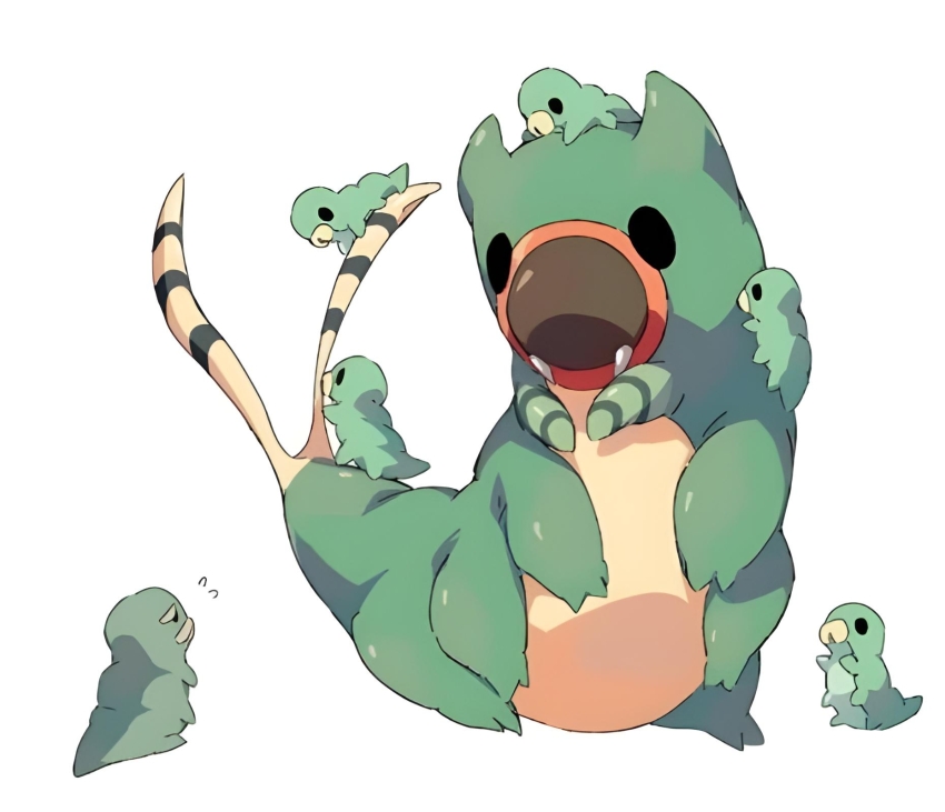 black_eyes, grub_(hollow_knight), grubfather_(hollow_knight), highres, hollow_knight, marmu_(hollow_knight), several_arms, worm