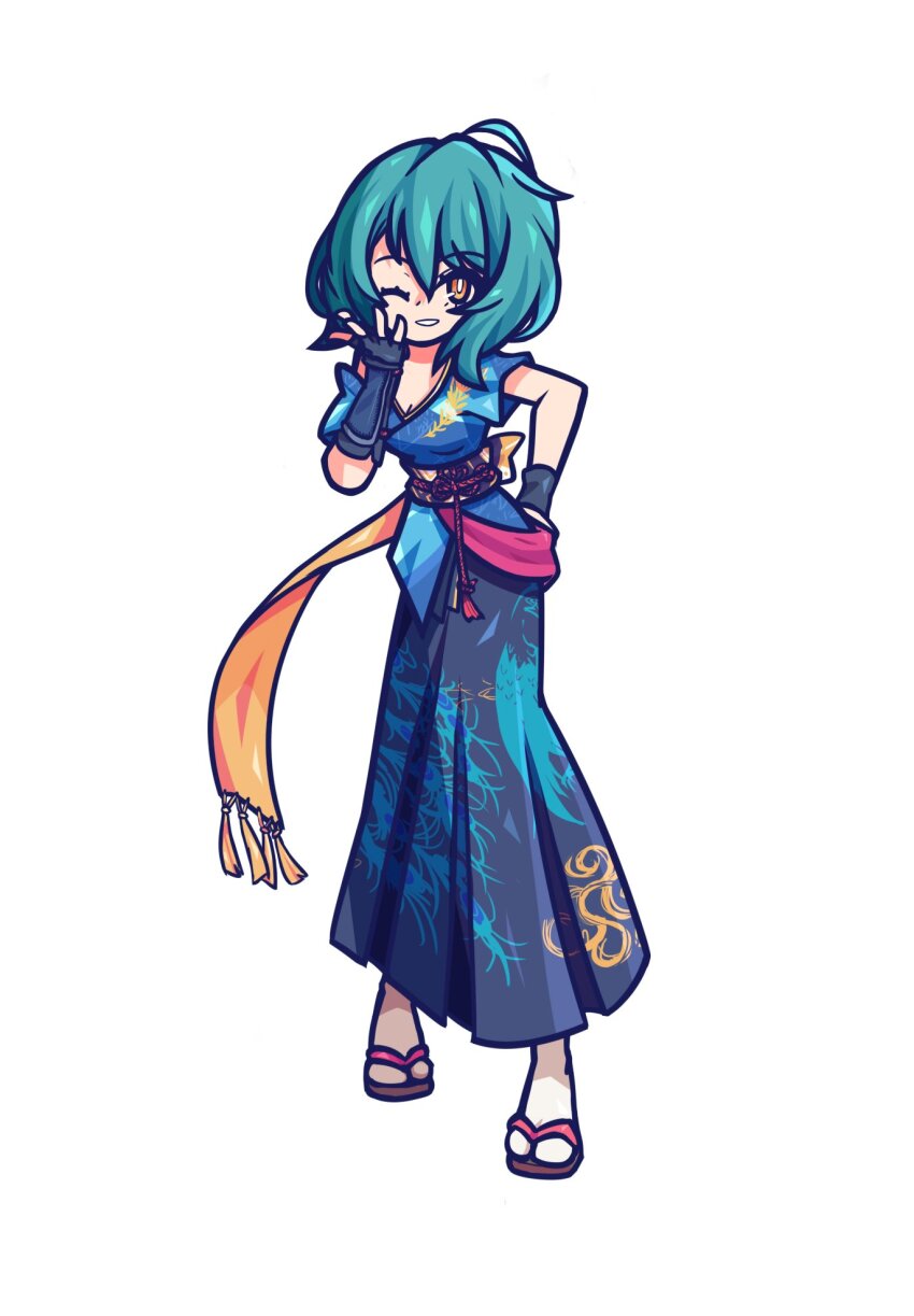 ahoge, asymmetrical_hair, commission, dead_or_alive, dead_or_alive_6, dead_or_alive_xtreme, dead_or_alive_xtreme_venus_vacation, full_body, geta, green_eyes, green_hair, hand_on_own_hip, highres, one_eye_closed, smallendu, tagme, tamaki_(doa), white_background, yellow_eyes