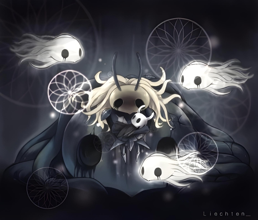 crying, highres, hollow_knight, knight_(hollow_knight), no_eyes_(hollow_knight), sleeping, souls, tears, white_hair