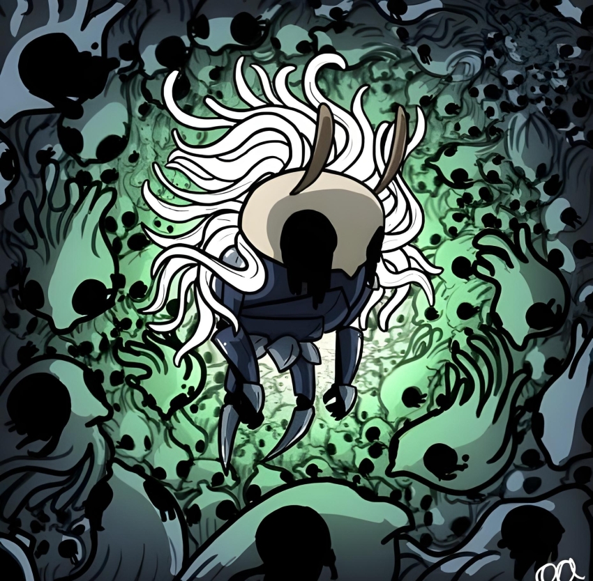 black_eyes, crying, highres, hollow_eyes, hollow_knight, no_eyes_(hollow_knight), sleeping, souls