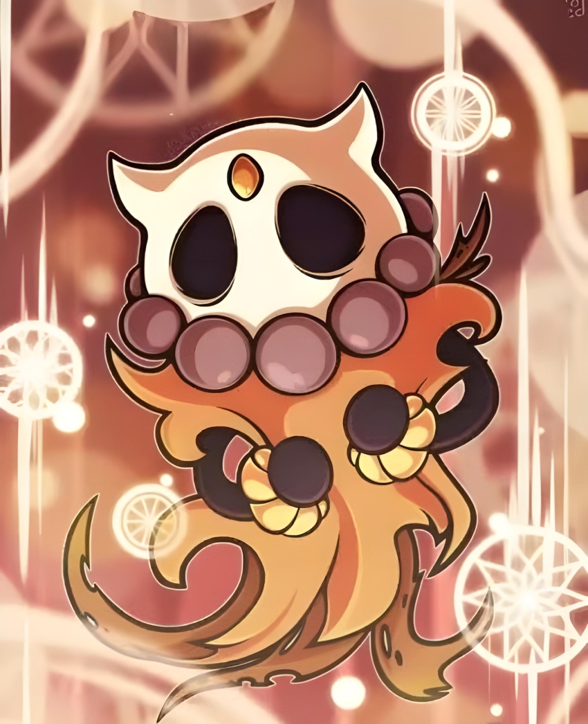 black_eyes, dream, elder_hu_(hollow_knight), highres, hollow_eyes, hollow_knight, horns, jewelry, rags