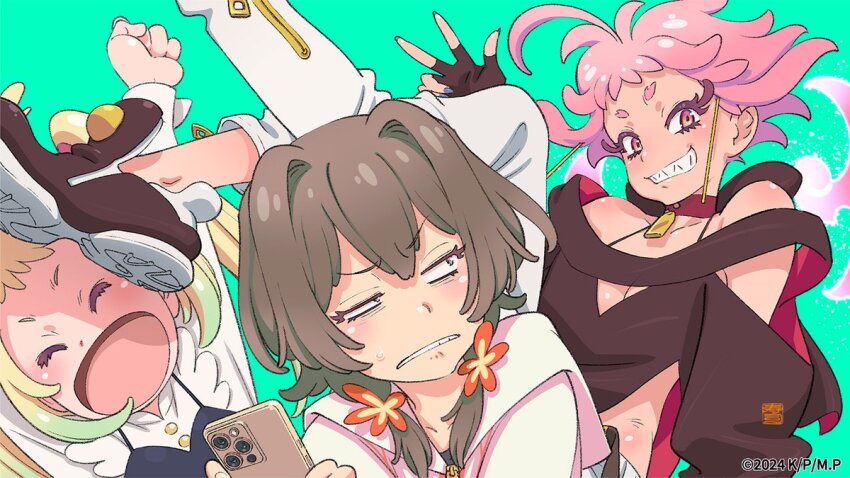 3girls, bags_under_eyes, blonde_hair, brown_hair, cellphone, end_card, flower_hairpin, grin