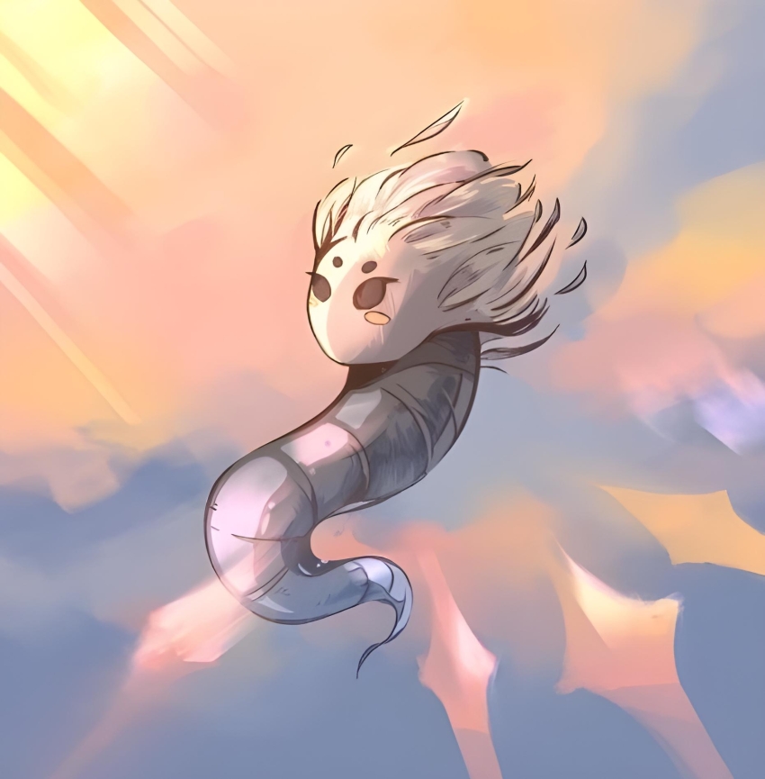 black_eyes, gorb_(hollow_knight), highres, hollow_eyes, hollow_knight, white_hair, without_arms, worm