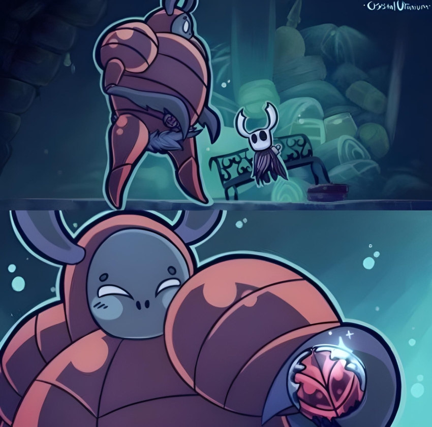 highres, hollow_knight, horns, knight_(hollow_knight), nail_(hollow_knight), ogrim_(hollow_knight), sitting, sword, trash, water, weapon, white_eyes