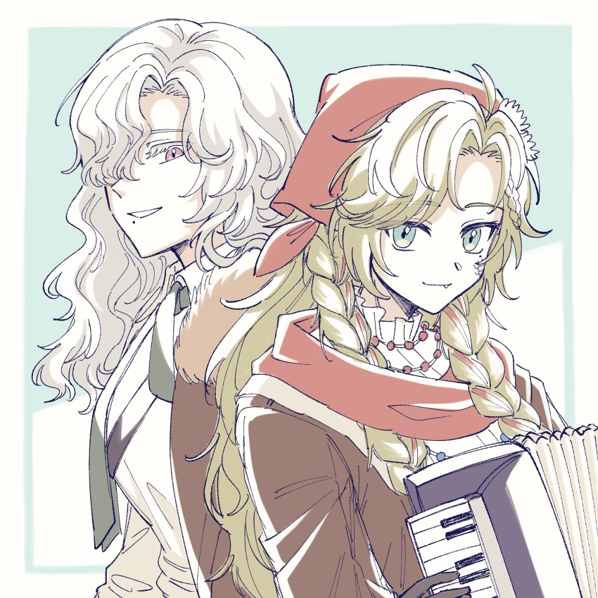 2girls, 39999m, accordion, ahoge, aqua_background, aqua_eyes, back-to-back, blonde_hair