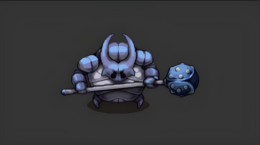 black_eyes, false_knight_(hollow_knight), highres, hollow_eyes, hollow_knight, horns, hungry, weapon