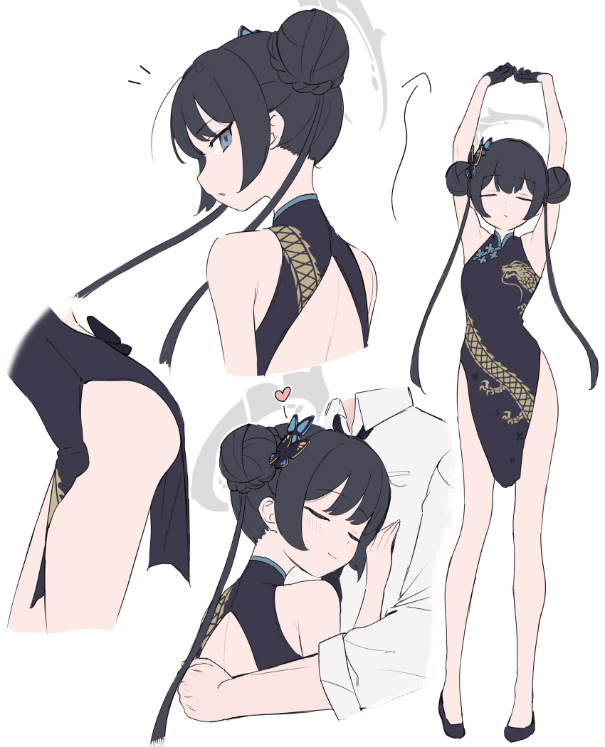 1boy, 1girl, absurdres, black_dress, blue_archive, braid, braided_bun, butterfly_hair_ornament