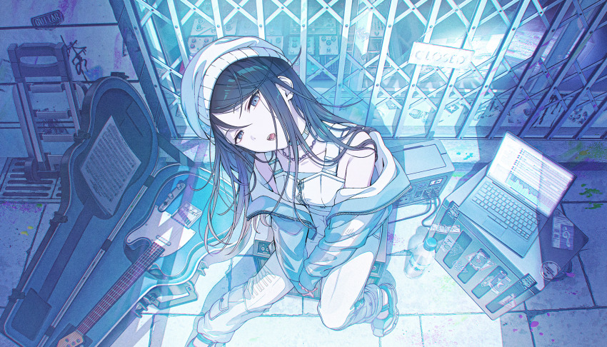 1girl, amplifier, beanie, black_hair, blue_eyes, blue_jacket, blue_shoes, bottle