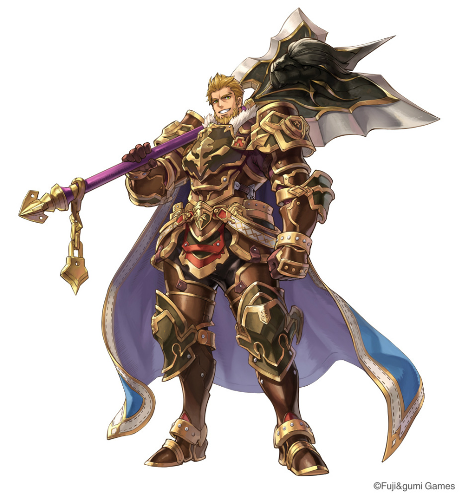 1boy, armor, axe, blonde_hair, blue_cloak, brown_armor, brown_gloves, cloak, cuisses, full_body, gloves, greaves, holding, holding_axe, huge_weapon, monzein_(ta_ga_tame_no_alchemist), official_art, poleyn, sabaton, shoulder_armor, simple_background, smile, solo, standing, ta_ga_tame_no_alchemist, weapon, white_background