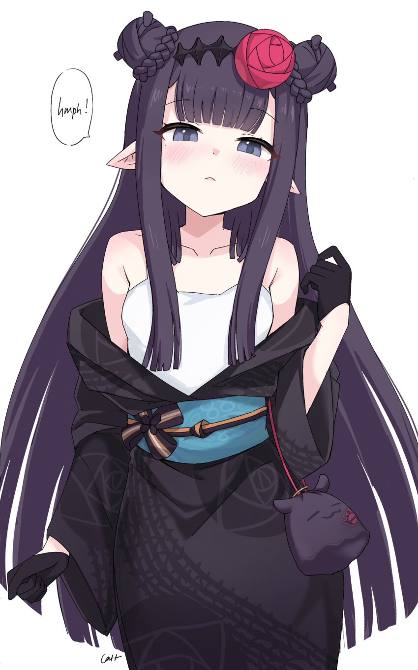 1girl, black_gloves, black_hairband, black_kimono, blue_eyes, blunt_bangs, blush, breasts