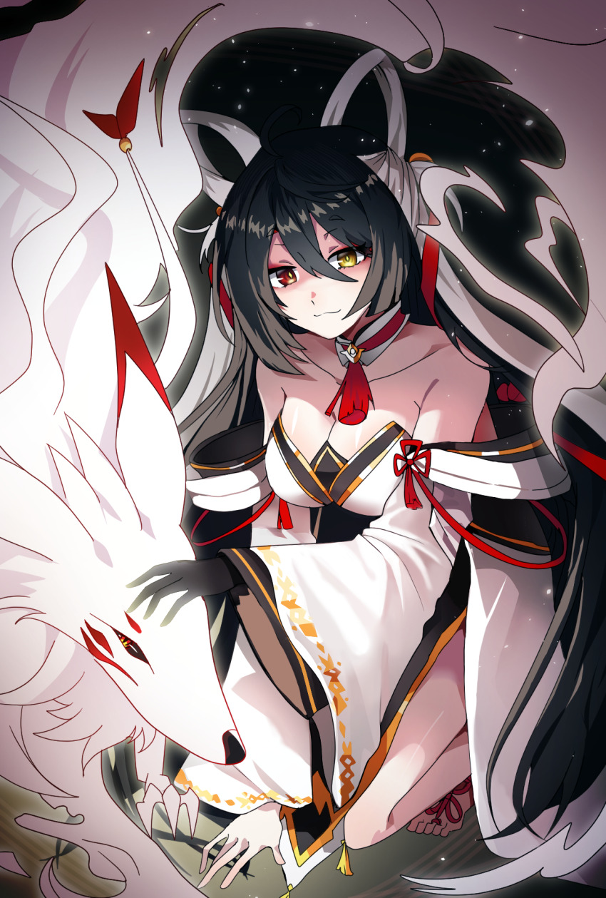 1girl, :3, ara_haan, asdff9919, bare_shoulders, barefoot, black_background, black_gloves