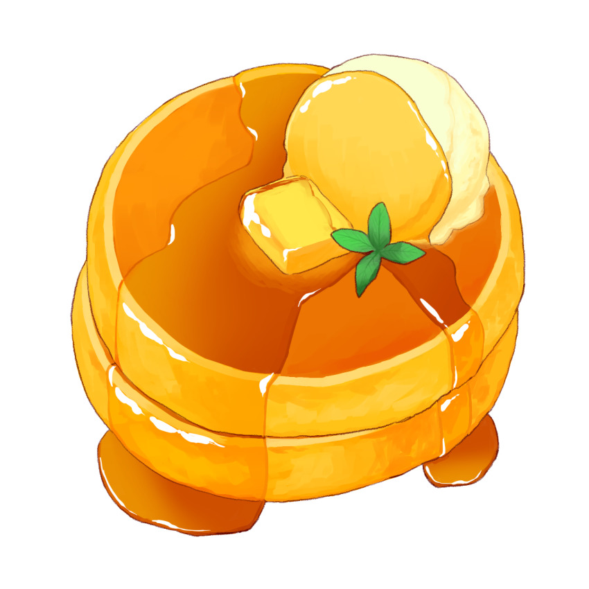 butter, food, food_focus, highres, ice_cream, leaf, maple_syrup, original, pancake, pancake_stack, senya_(user_wnxt8752), simple_background, syrup, white_background