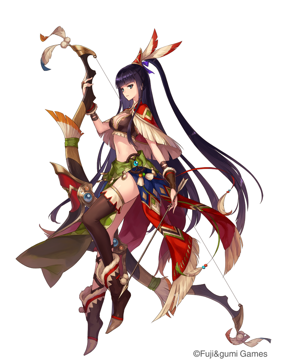 1girl, bikini, bikini_top_only, black_hair, bow_(weapon), breasts, brown_bikini, brown_footwear