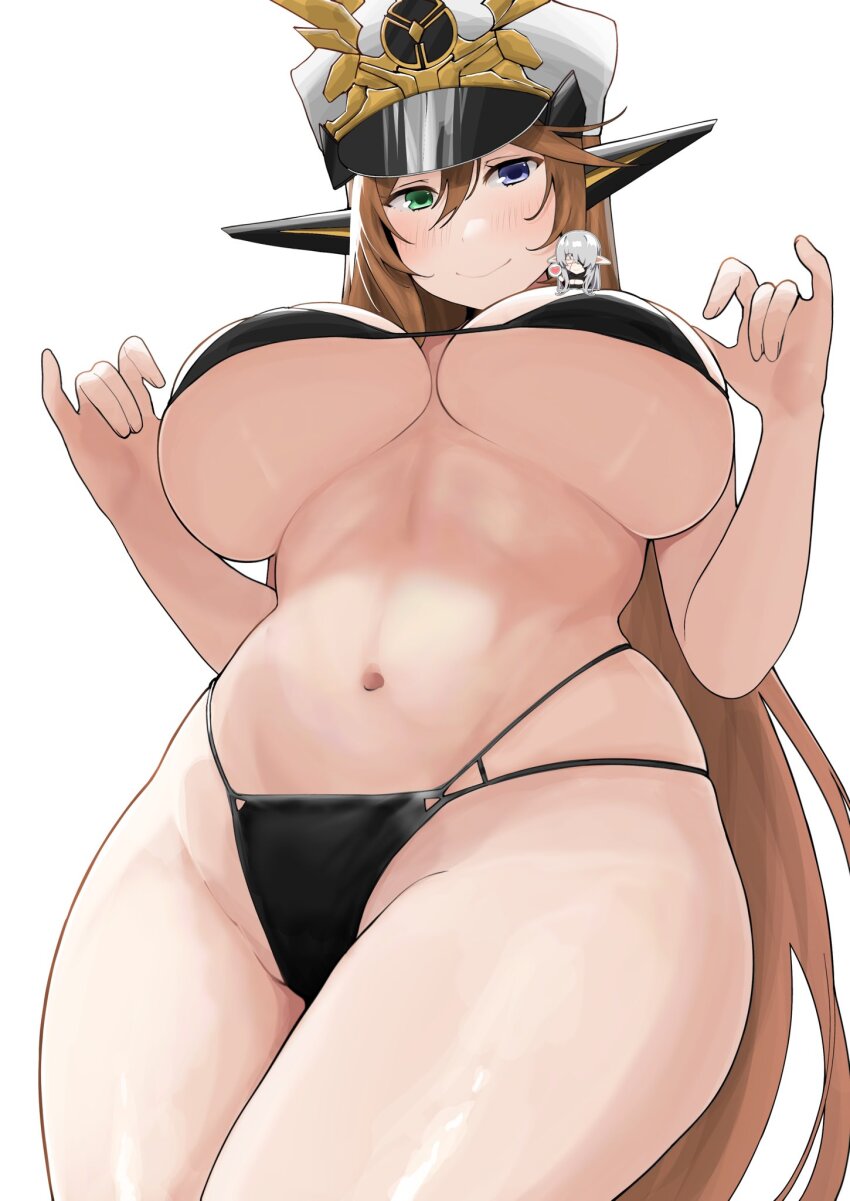 1girl, bikini, black_bikini, breasts, brown_hair, closed_mouth, commentary, commission