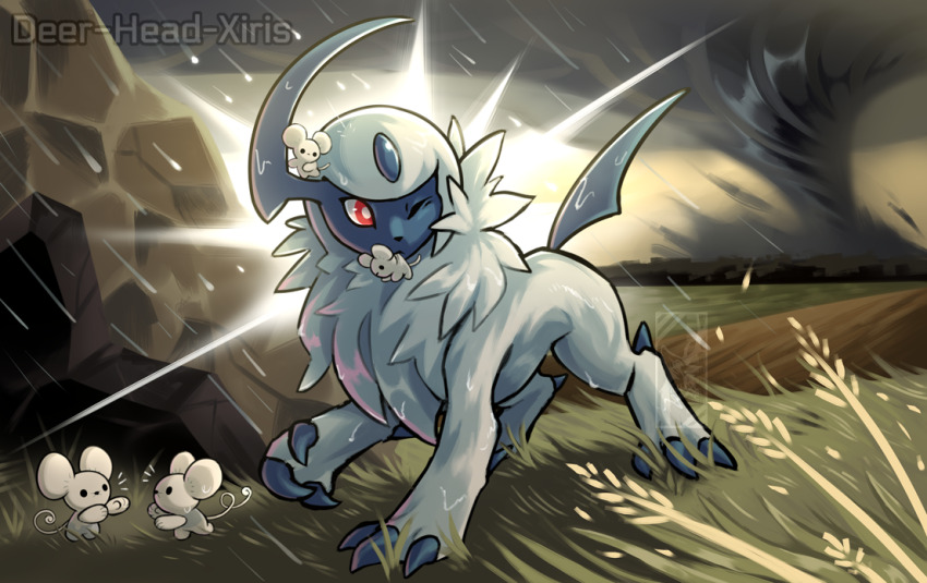 absol, animal_focus, artist_name, bright_pupils, cave, commentary, deer-head-xiris, english_commentary, father_and_child, field, full_body, gen_3_pokemon, looking_back, maushold, maushold_(family_of_four), mother_and_child, mouth_hold, nintendo, no_humans, one_eye_closed, outdoors, overcast, parent_and_child, pokemon, pokemon_(creature), rain, red_eyes, rescue, sky, tornado, wet, white_pupils