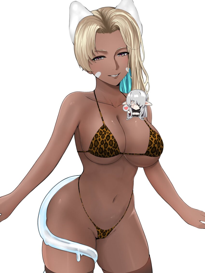 1girl, animal_print, bikini, blonde_hair, breasts, brown_bikini, brown_thighhighs, collarbone, commentary, commission, dark-skinned_female, dark_skin, empty_work, english_commentary, grin, gyaru, highres, large_breasts, leopard_print, looking_at_viewer, medium_hair, navel, original, simple_background, smile, solo, stomach, string_bikini, swimsuit, teeth, thighhighs, white_background, yellow_eyes