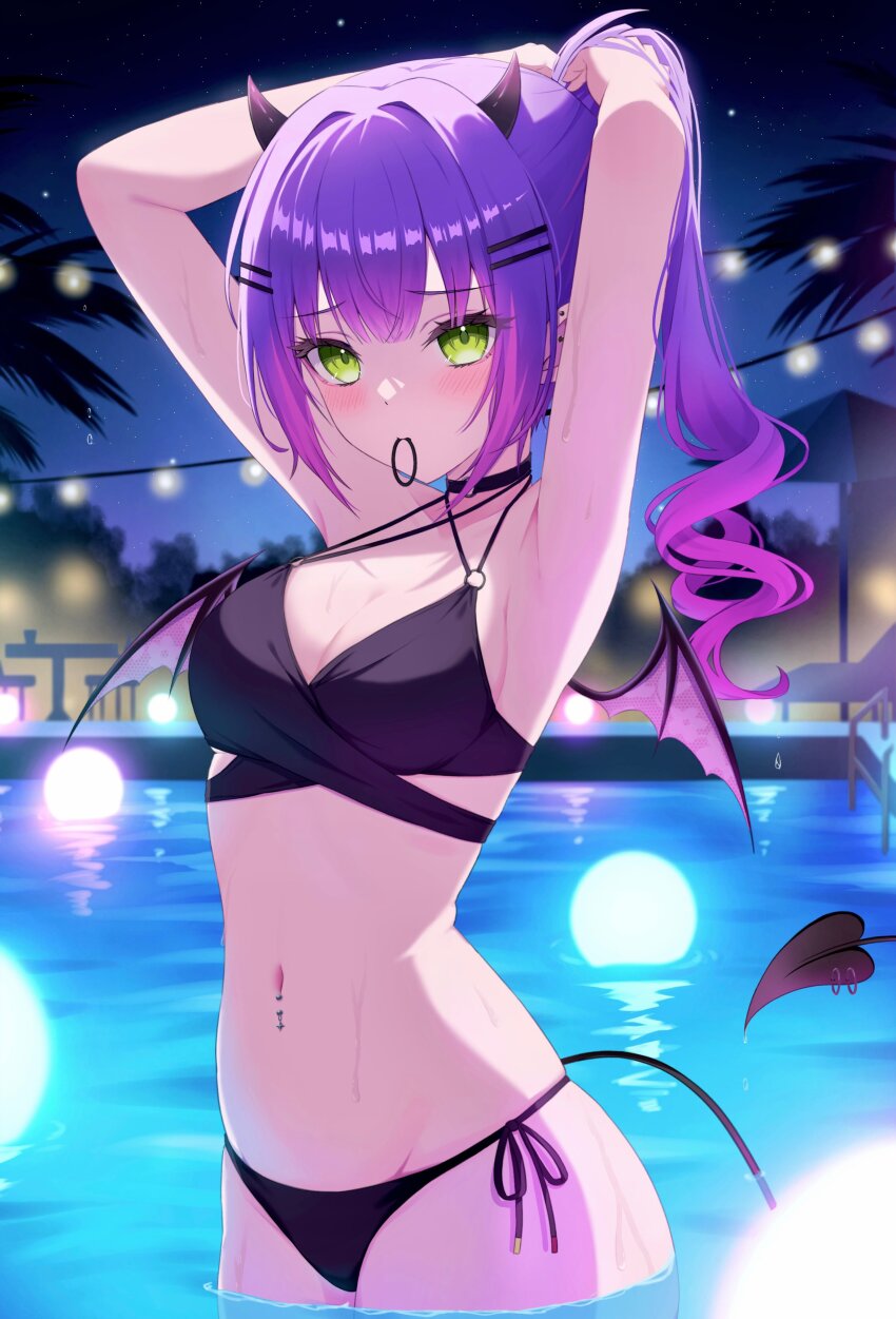 1girl, absurdres, alternate_costume, alternate_hairstyle, armpits, arms_up, bikini, black_bikini