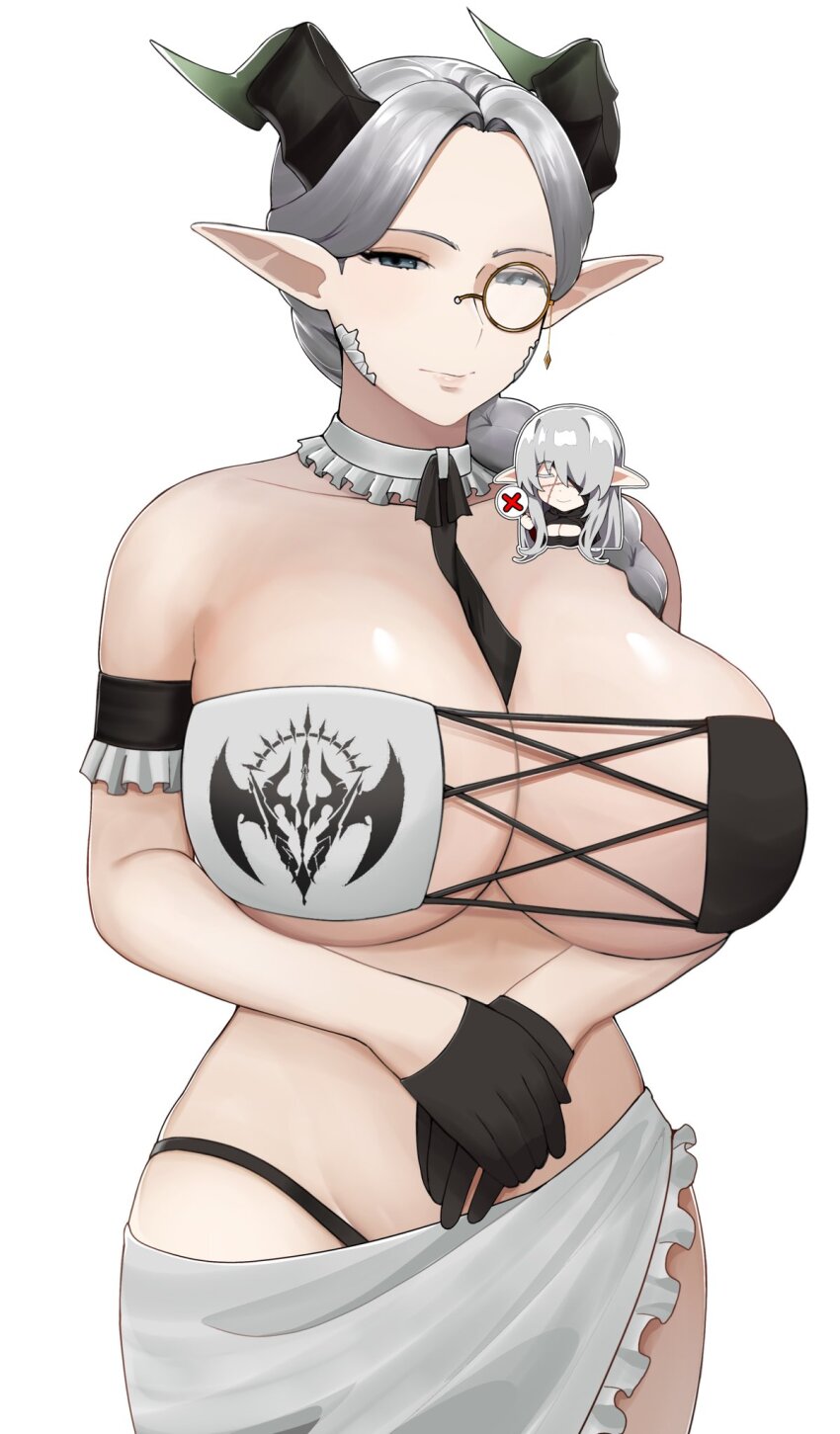 1girl, between_breasts, bikini, black_bikini, black_gloves, black_necktie, breasts, cleavage, closed_mouth, commentary, commission, dragon_girl, dragon_horns, empty_work, english_commentary, eyepatch_bikini, frills, gloves, green_eyes, half-closed_eyes, highres, horns, large_breasts, looking_at_viewer, monocle, multicolored_bikini, necktie, original, own_hands_together, pointy_ears, short_hair, simple_background, solo, swimsuit, two-tone_bikini, white_background, white_bikini, white_hair