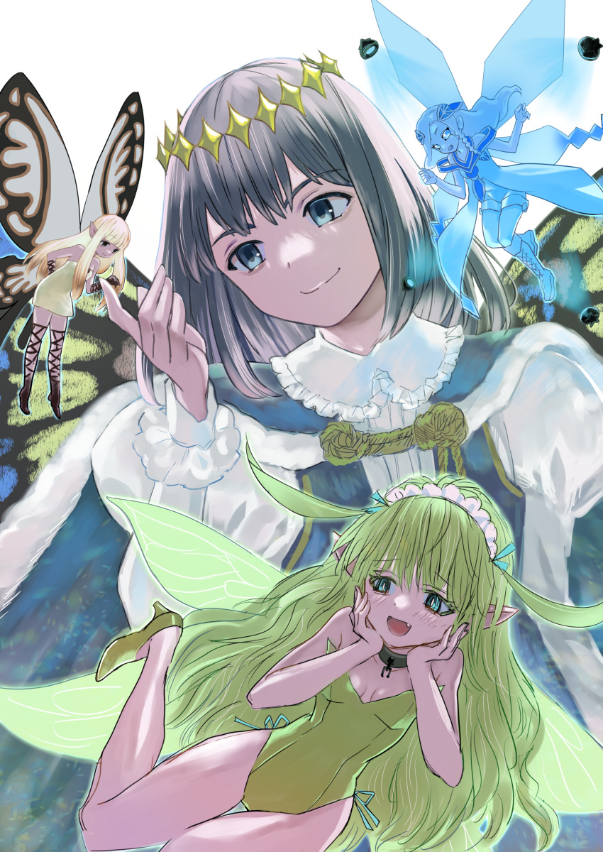 1boy, 3girls, absurdres, airy_(bravely_default), bare_shoulders, black_souls, black_souls_2, blonde_hair, blue_eyes, blue_skin, blunt_bangs, blush, boots, braid, bravely_default:_flying_fairy, bravely_default_(series), breasts, butterfly_wings, cape, closed_mouth, colored_skin, commentary_request, crossover, dress, fairy, fang, fate/grand_order, fate_(series), green_hair, green_leotard, grey_hair, high_heels, highres, insect_wings, kantaro, knee_boots, leaf_(black_souls), lee_(yu-gi-oh!), lee_the_world_chalice_fairy, leotard, long_hair, long_sleeves, multiple_crossover, multiple_girls, oberon_(fate), oberon_(first_ascension)_(fate), open_mouth, pointy_ears, side_braid, strapless, strapless_dress, wings, yu-gi-oh!