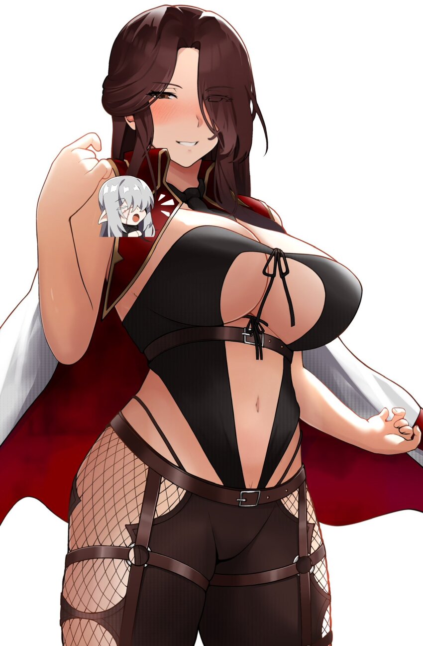 1girl, :d, blush, breasts, brown_eyes, brown_hair, brown_pants, cleavage