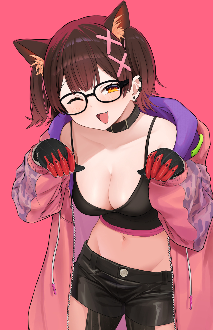 1girl, :3, ;d, android, animal_collar, animal_ears, black-framed_eyewear, black_camisole