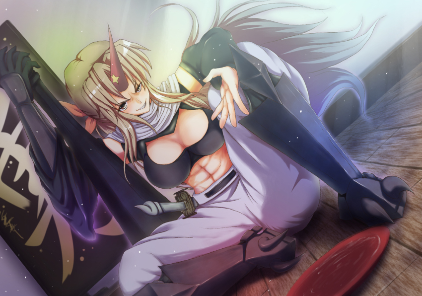 1girl, alternate_costume, blonde_hair, breasts, female_focus, ging_(tokushima), horns, hoshiguma_yuugi, long_hair, midriff, red_eyes, single_horn, solo, touhou