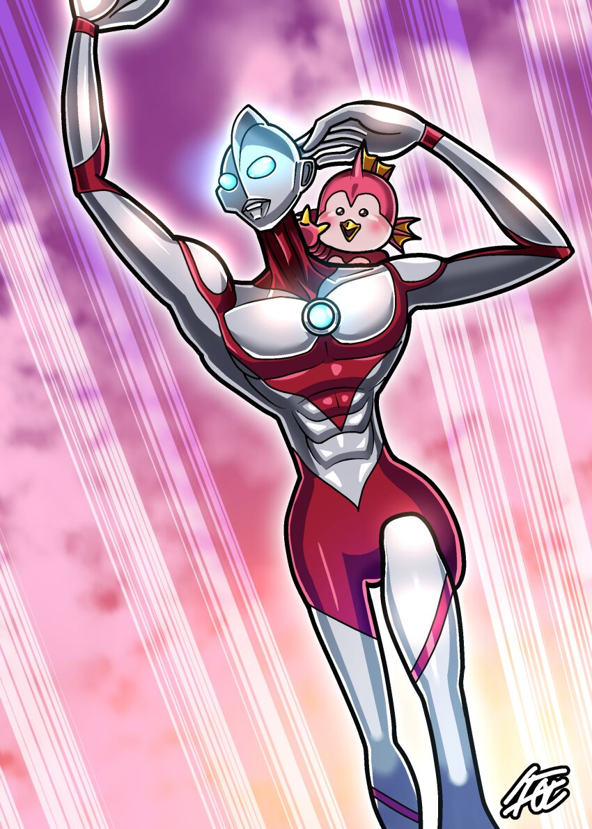 1boy, 1girl, abs, absurdres, alien, arms_up, beak, blue_eyes, broad_shoulders, carrying, cloud, cloudy_sky, color_timer, commentary, compound_eyes, dorsal_fin, emi_(ultraman:_rising), feet_out_of_frame, fins, flying, head_fins, highres, kaiju, lanky_male, large_hands, large_pectorals, leg_up, long_arms, long_legs, long_neck, motion_lines, muscular, muscular_male, pectorals, piggyback, pink_sky, reptilian, shafuu_(arrowww12ga), signature, sky, smile, speed_lines, sunset, ultra_series, ultraman, ultraman:_rising, ultraman_(ultraman:_rising), wide_hips