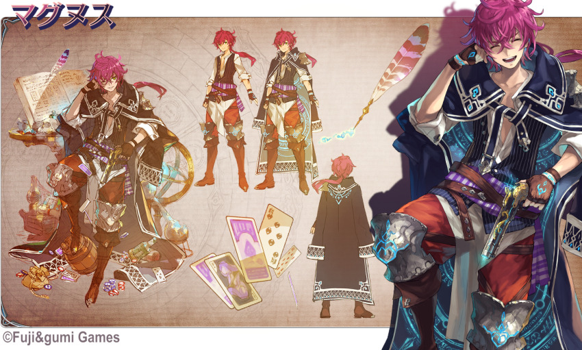 1boy, ^_^, black_jacket, book, card, character_name, reference_sheet, closed_eyes, crossed_bangs, da-kuro, full_body, gun, hair_between_eyes, holding, holding_gun, holding_weapon, jacket, magnus_(ta_ga_tame_no_alchemist), official_art, open_book, open_mouth, playing_card, ponytail, purple_hair, quill, second-party_source, simple_background, sitting, standing, ta_ga_tame_no_alchemist, teeth, upper_teeth_only, weapon