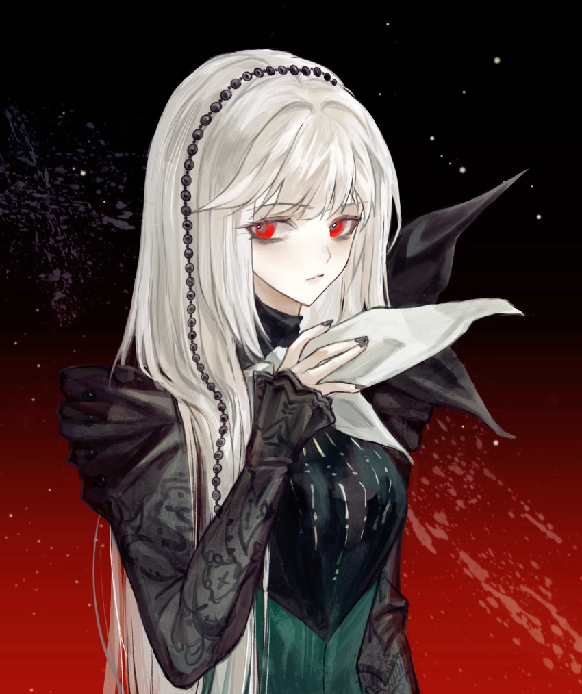 1girl, black_background, black_nails, black_shirt, closed_mouth, gradient_background, hand_up, highres