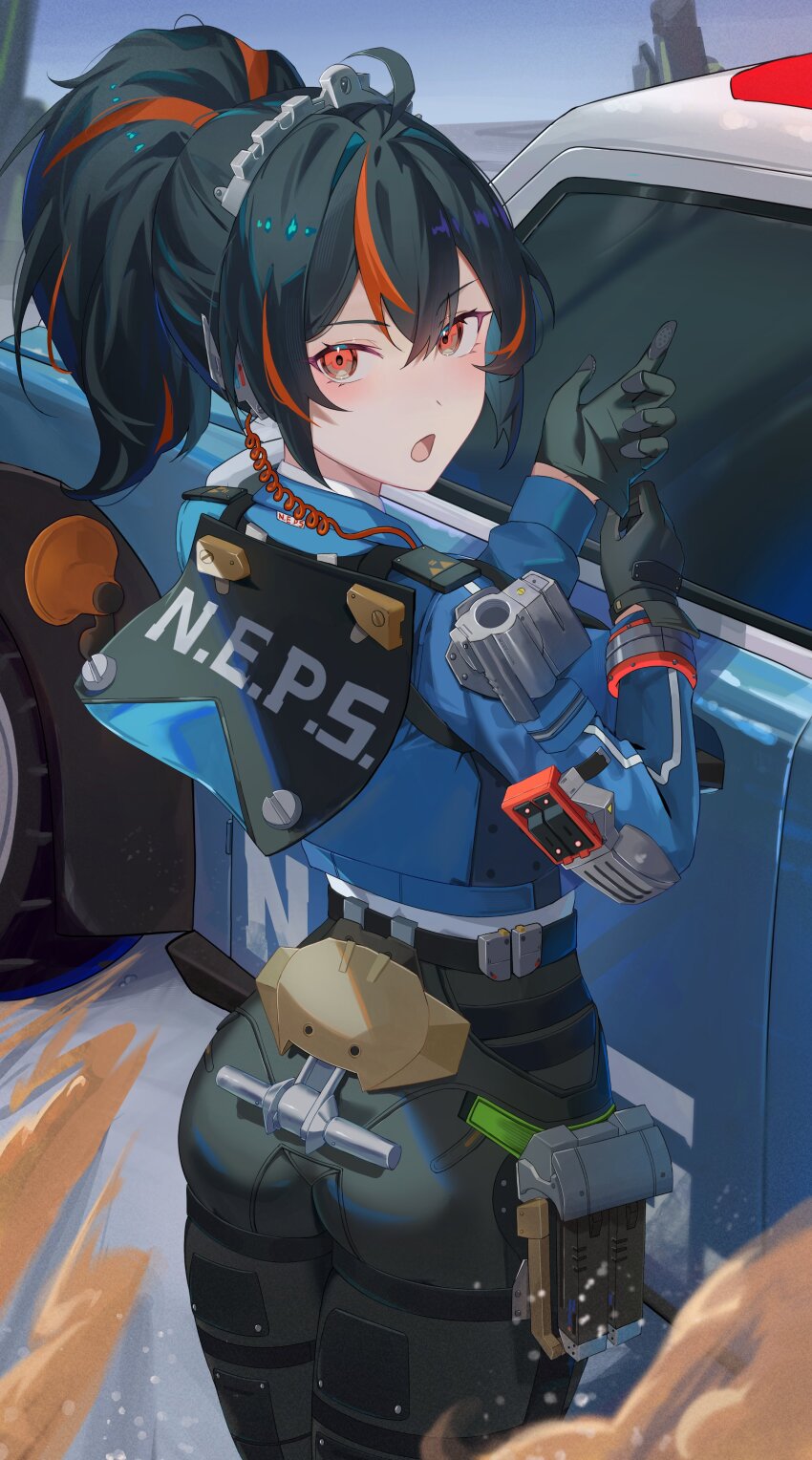 1girl, :o, absurdres, adjusting_clothes, adjusting_gloves, ass, black_gloves, black_hair