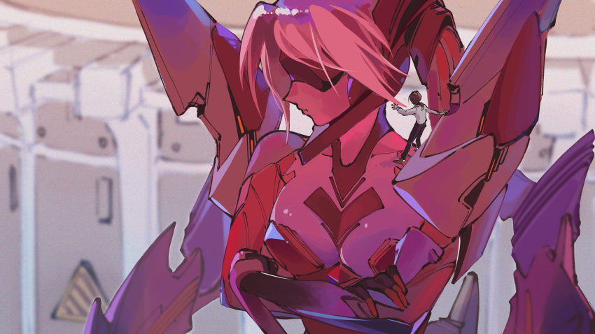1boy, 1girl, absurdres, armor, asuka-eva-synthesis, black_pants, blurry, blurry_background