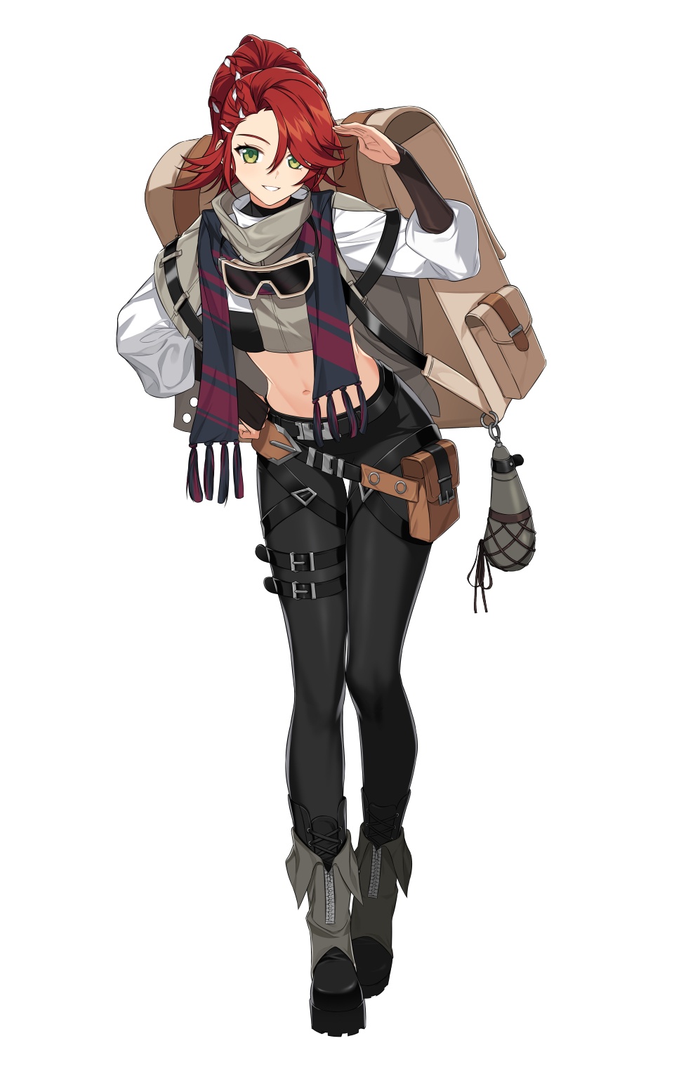 1girl, :d, asha_(counter:side), backpack, bag, belt, black_belt, black_boots