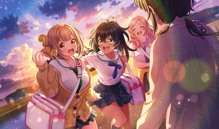 4girls, :d, akino_komugi, bag, black_hair, black_socks, blurry, blush