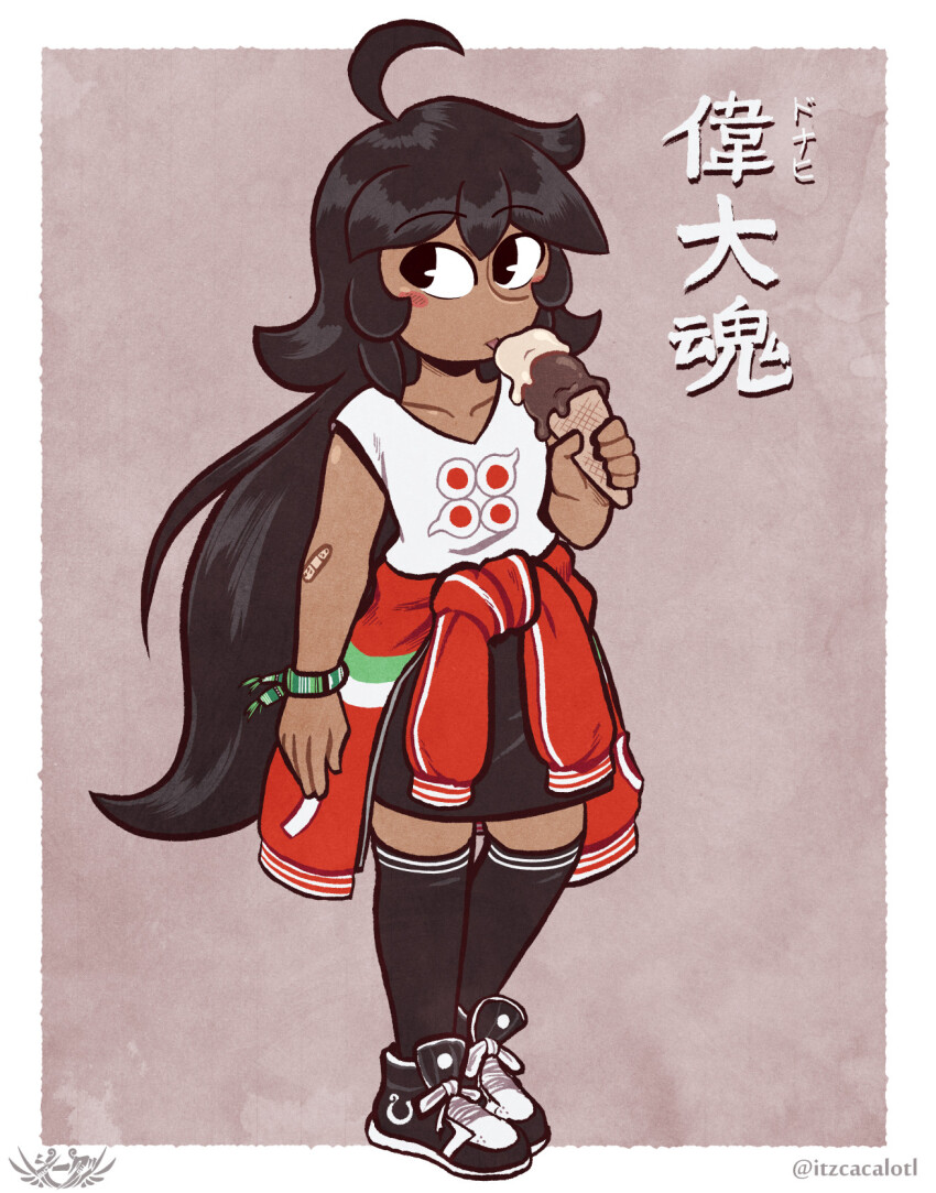 ahoge, bandaid, black_footwear, black_hair, blush, codex_black, dark-skinned_female, dark_skin