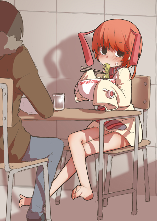 2boys, 999knight, animal_ears, barefoot, black_eyes, black_hair, blush, bowl, chair, chopsticks, crossed_legs, cup, drinking_glass, feet, food, fur-trimmed_jacket, fur_trim, holding, holding_bowl, holding_chopsticks, jacket, kim_knack, looking_at_viewer, male_focus, multiple_boys, noodles, orange_hair, pants, park_nam-ju, park_ssi-yu_daegi, rabbit_ears, ramen, scarf, shadow, short_hair_with_long_locks, sleeves_past_wrists, soles, striped_clothes, striped_scarf, sweatdrop, table, toes