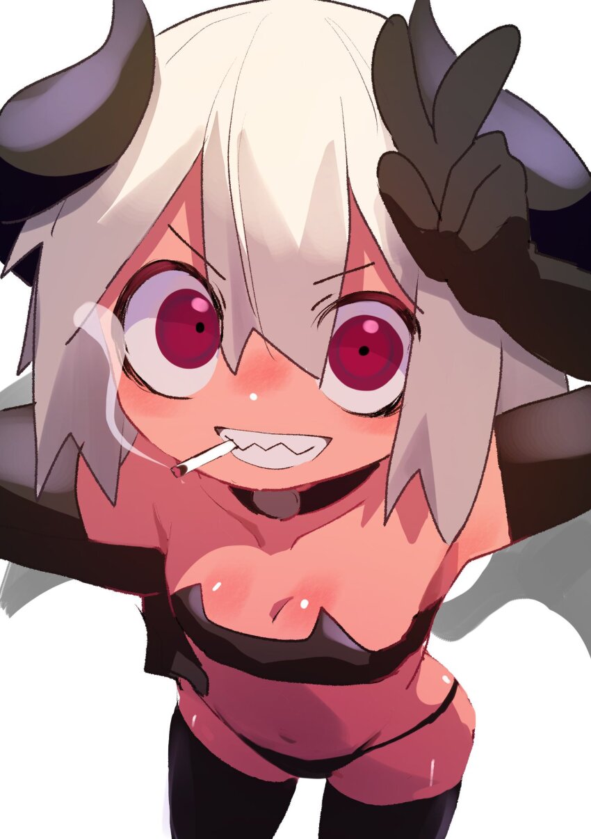 1girl, black_choker, black_gloves, black_horns, black_thighhighs, choker, cigarette, demon_girl