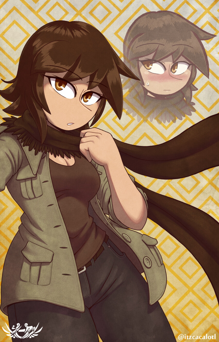 1girl, @_(symbol), arm_up, belt, blush, breasts, brown_eyes, brown_hair