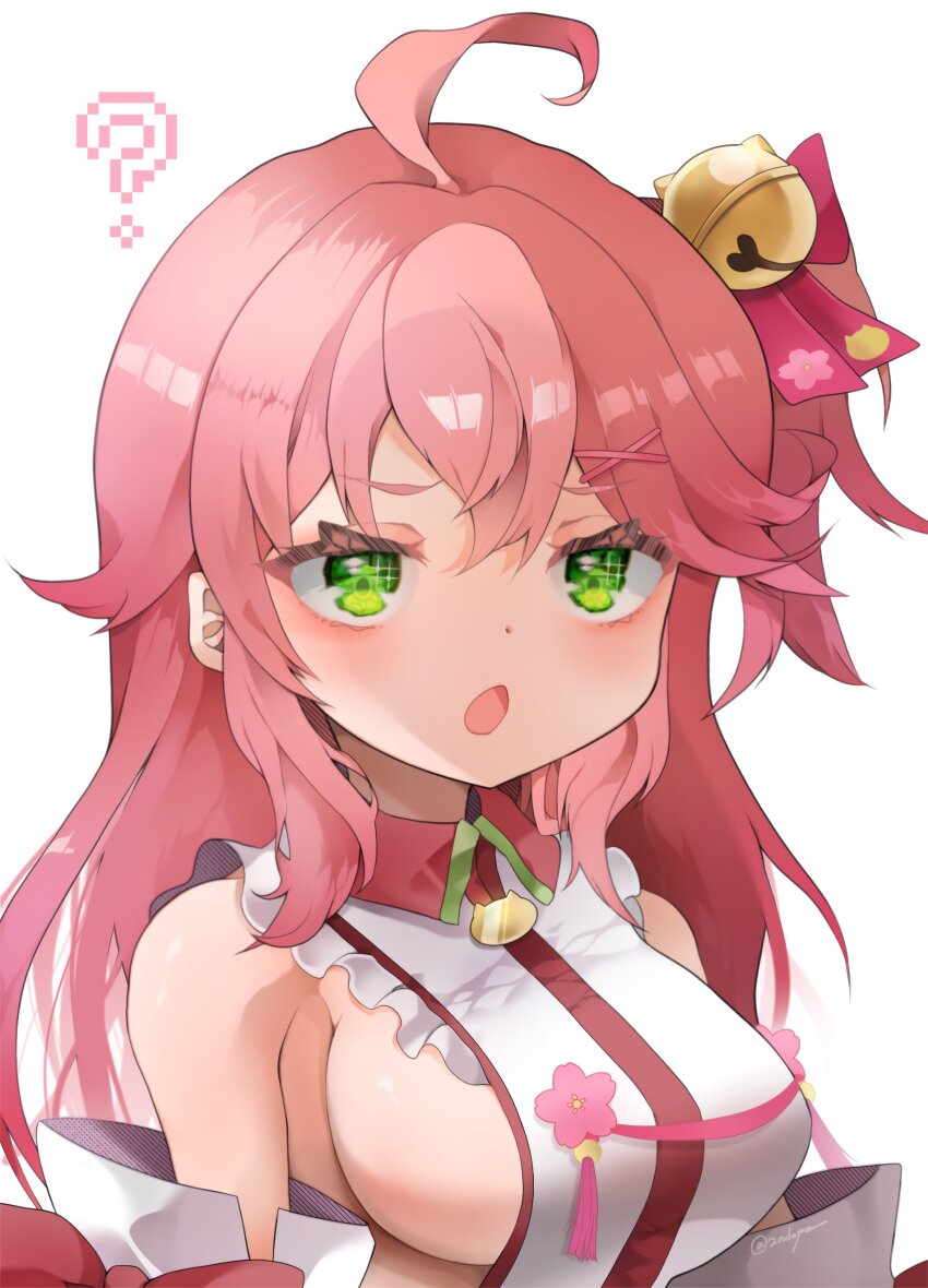 1girl, 2ndope, ?, absurdres, ahoge, bell, blush, breasts