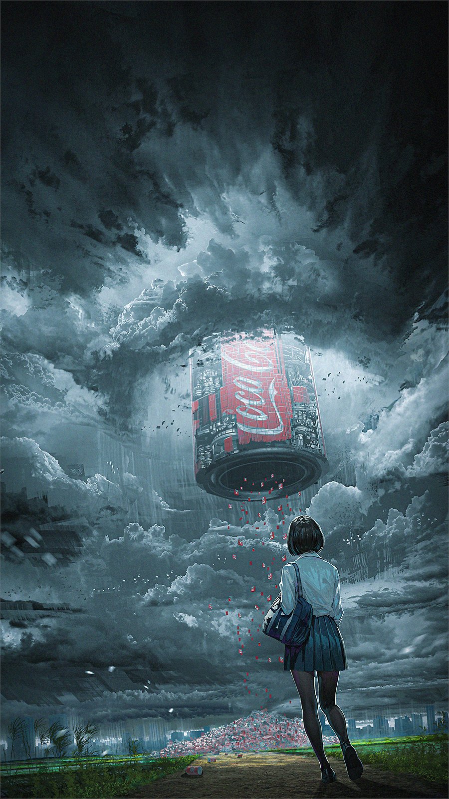 1girl, bag, bizarre_rain, black_bag, black_hair, black_pantyhose, black_shoes, black_skirt, can, chooco_(chocoshi), cityscape, cloud, coca-cola, drink_can, facing_away, from_behind, grass, heel_up, highres, long_sleeves, original, outdoors, overcast, oversized_object, pantyhose, pile, pleated_skirt, school_bag, school_uniform, shirt, shoes, short_hair, shoulder_bag, skirt, sky, soda, soda_can, solo, standing, surreal, white_shirt