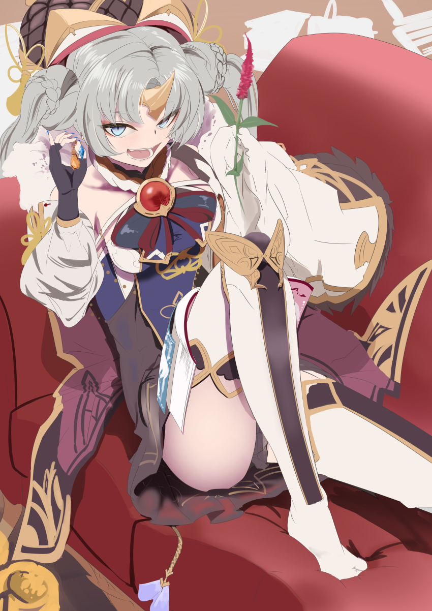 1girl, absurdres, black_skirt, blue_eyes, blue_nails, book, bow, breasts, c_maremaru, couch, fingerless_gloves, gloves, granblue_fantasy, hat, highres, long_hair, looking_at_viewer, nail_polish, open_book, open_mouth, shushuku_(granblue_fantasy), sitting, skirt, smile, solo, thighhighs, thighs, twintails, white_hair, zettai_ryouiki