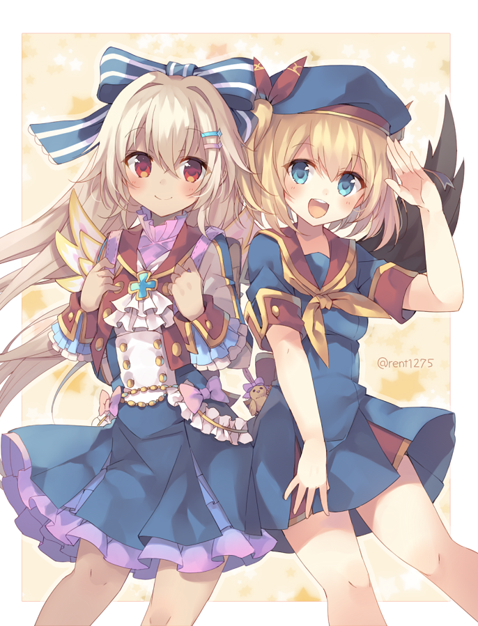 2girls, ascot, asymmetrical_wings, bag, beret, black_wings, blonde_hair, blue_eyes