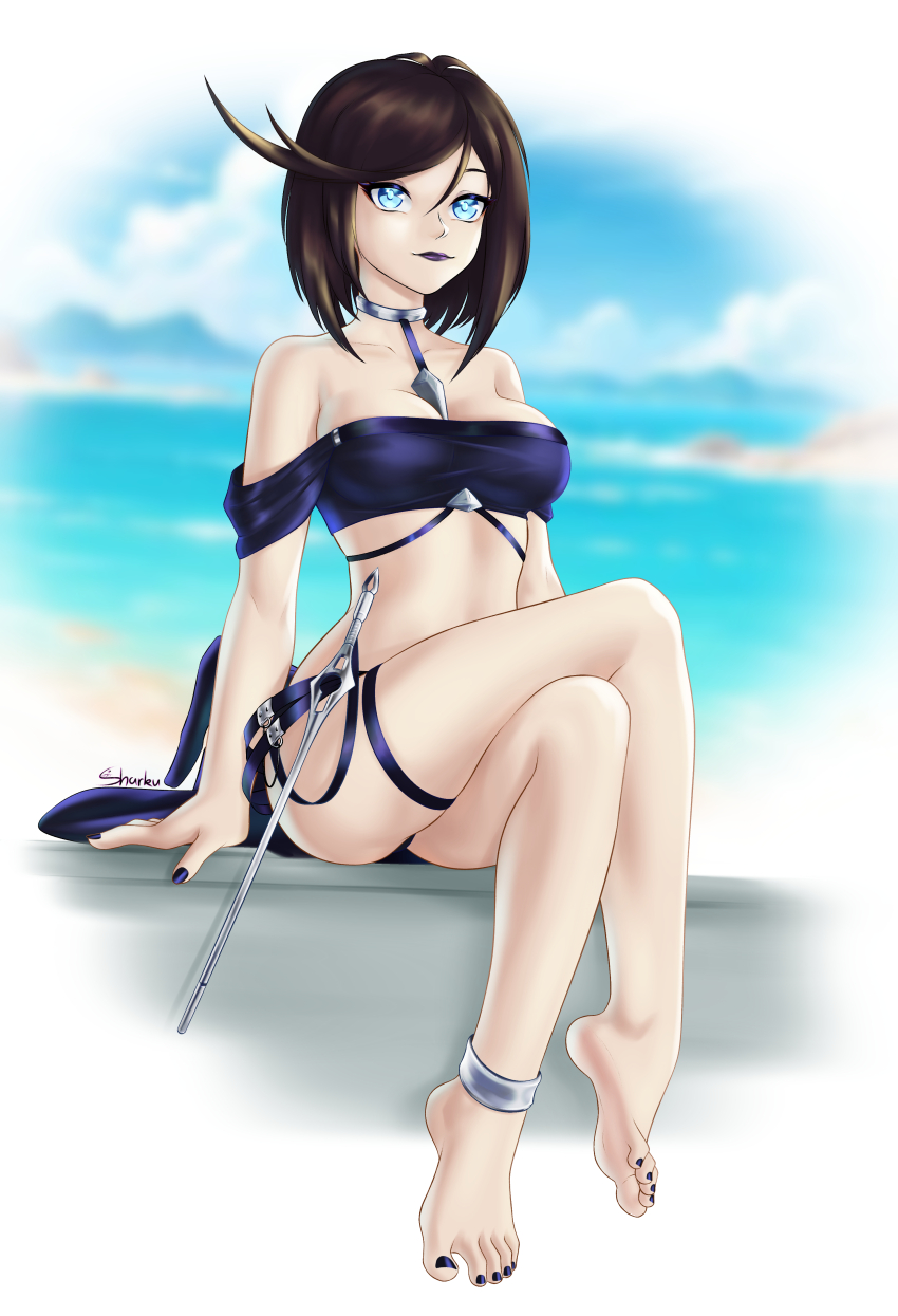 1girl, absurdres, barefoot, black_hair, blue_eyes, crossed_legs, feet, girls'_frontline