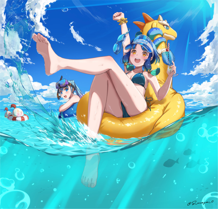 1girl, 2girls, bikini, blue_hair, breasts, cone_hair_bun, egg, gradient_hair