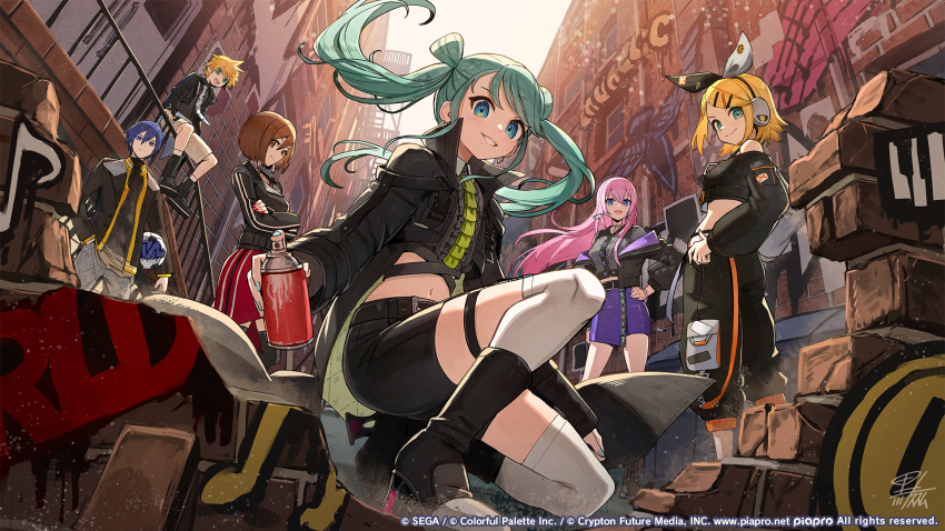 2boys, 4girls, alley, ball, belt, black_belt, black_bow, black_coat