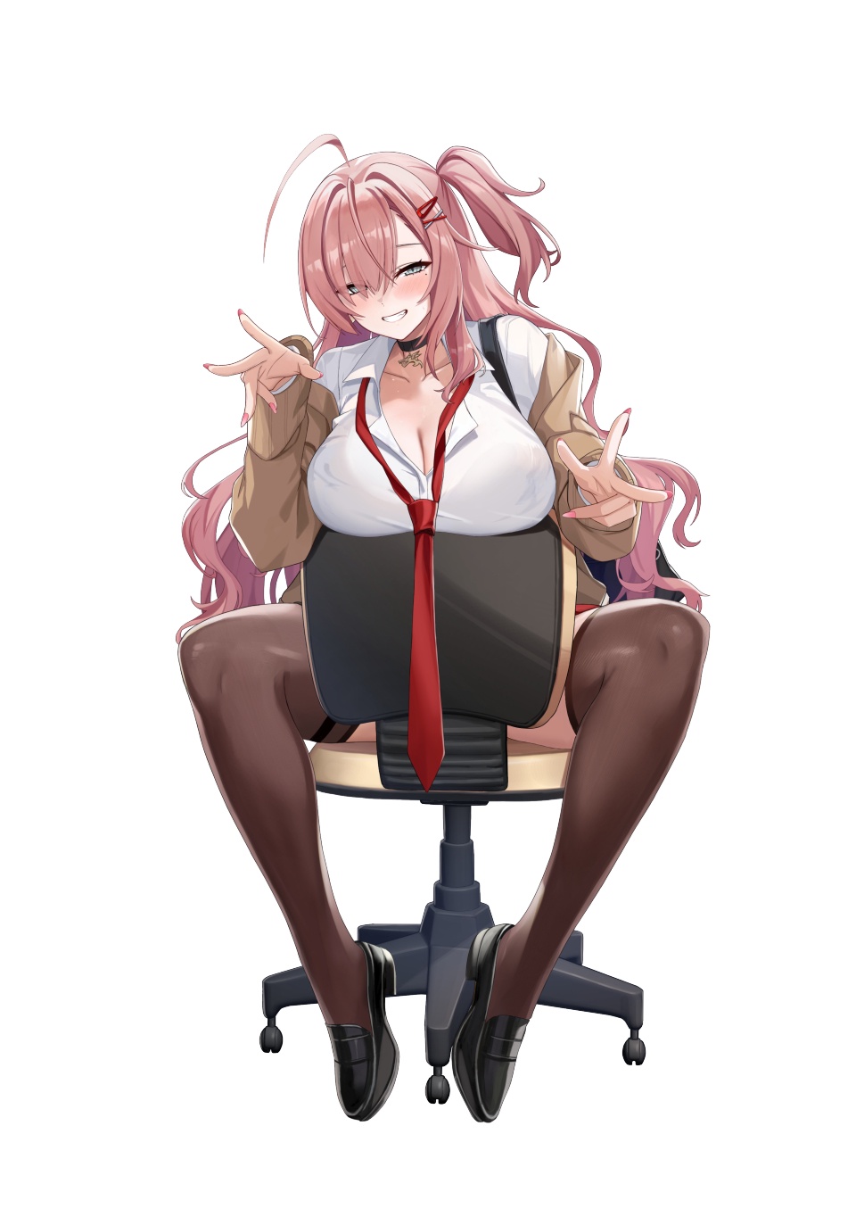 1girl, ahoge, black_shoes, blush, breast_rest, breasts, brown_jacket, chair, ciel_marronier, cleavage, collarbone, collared_shirt, counter:side, fingernails, grey_eyes, grin, gyaru, hair_ornament, hair_over_one_eye, hairclip, half-closed_eyes, highres, jacket, kogal, large_breasts, loafers, long_fingernails, long_hair, long_sleeves, looking_at_viewer, loose_necktie, mole, mole_under_eye, necktie, off_shoulder, official_alternate_costume, official_art, on_chair, one_side_up, open_clothes, open_jacket, pink_hair, pink_nails, red_necktie, shirt, shoes, simple_background, sitting, smile, solo, swivel_chair, thighhighs, w, wavy_hair, white_background, white_shirt