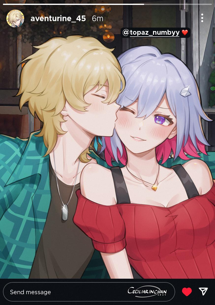 1boy, 1girl, aqua_shirt, aventurine_(honkai:_star_rail), bare_shoulders, black_shirt, blonde_hair, blush