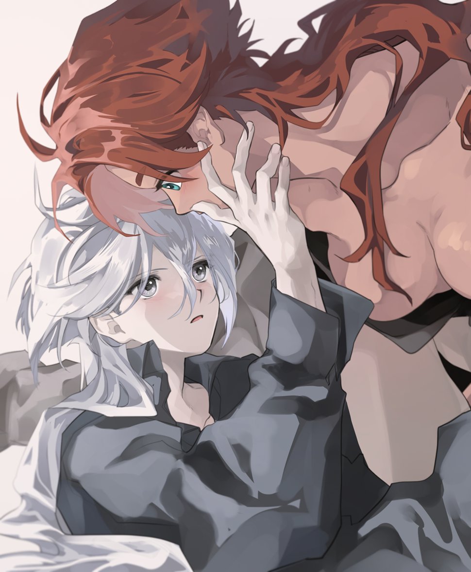 2girls, black_shirt, blue_eyes, breasts, dark-skinned_female, dark_skin, dodam_v, eye_contact