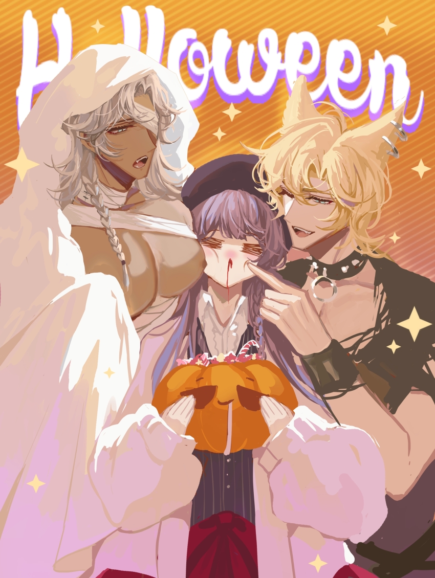 1girl, 2boys, ;d, =_=, absurdres, animal_ears, aqua_eyes, aroused_nosebleed, bandage_over_one_eye, bandaged_neck, bandages, bare_pectorals, beret, black_collar, black_hat, black_shirt, black_vest, blonde_hair, blood, blunt_bangs, blush, boy_sandwich, braid, bucket, candy, cardigan, cheek_poking, collar, collarbone, collared_shirt, cowboy_shot, curtained_hair, dark-skinned_male, dark_skin, dual_persona, earrings, facing_viewer, fangs, food, ghost_costume, hair_between_eyes, halloween, halloween_bucket, hat, height_difference, heroine_(lovebrush_chronicles), highres, holding, holding_bucket, holding_halloween_bucket, jewelry, kemonomimi_mode, lars_rorschach, long_hair, long_sleeves, looking_at_another, lovebrush_chronicles, multiple_boys, nil_lars, nipples, nosebleed, o-ring_collar, one_eye_closed, open_cardigan, open_clothes, open_mouth, orange_background, parted_bangs, pectoral_cleavage, pectoral_press, pectorals, pinstripe_pattern, pinstripe_vest, poking, purple_hair, red_skirt, sandwiched, shirt, short_hair, short_sleeves, side_braid, skirt, smile, snow234, sparkle_background, standing, torn_clothes, torn_shirt, vest, white_cardigan, white_shirt, wolf_boy, wolf_ears, wristband