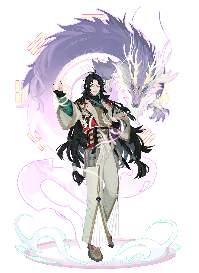 1boy, artist_request, bead_necklace, beads, belt, black_gloves, black_hair, black_nails, braid, closed_mouth, cropped_jacket, dislyte, dragon, dragon_print, eastern_dragon, feng_xun_(fuxi)_(dislyte), fighting_stance, fingerless_gloves, floating_hair, full_body, gloves, green_eyes, grin, jewelry, long_hair, looking_at_viewer, male_focus, multicolored_eyes, multiple_belts, multiple_braids, necklace, official_art, red_eyes, scale_print, smile, solo, third-party_source, trigram, very_long_hair, white_belt, wide_sleeves, yin_yang