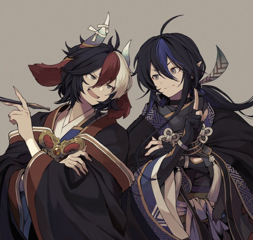 2boys, black_hair, dragon_horns, fang, fingerless_gloves, gloves, horns, ikeya_(higumake)